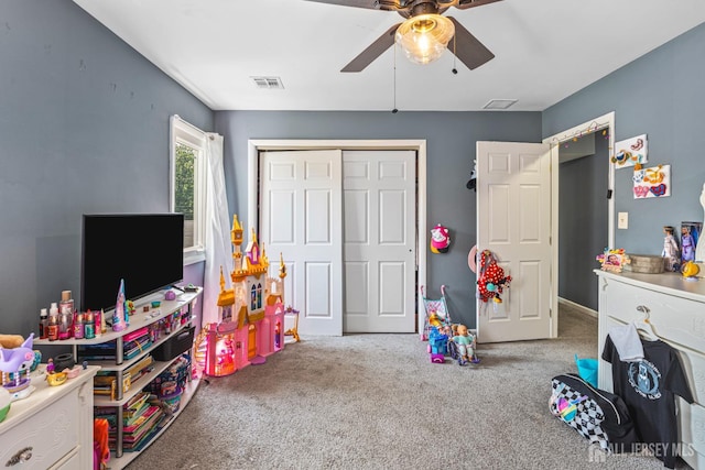 76 Woodland Dr, Keyport, NJ 07735 - rec room with ceiling fan and carpet flooring