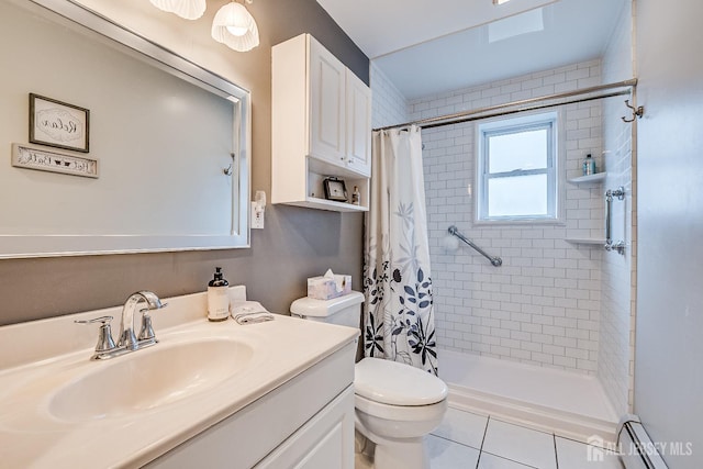 full bath featuring a baseboard heating unit, a shower stall, toilet, and vanity