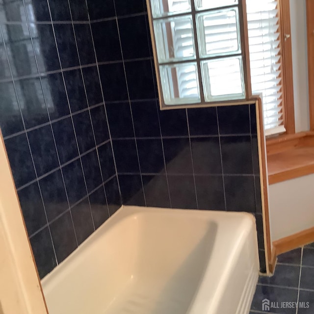 full bathroom featuring tile patterned flooring, walk in shower, and a bath