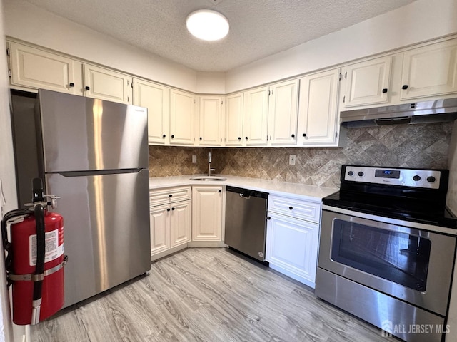 kitchen featuring light wood-style floors, appliances with stainless steel finishes, under cabinet range hood, light countertops, and a sink