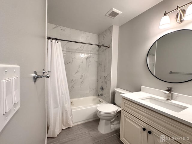 full bathroom with toilet, vanity, shower / bath combo with shower curtain, and visible vents