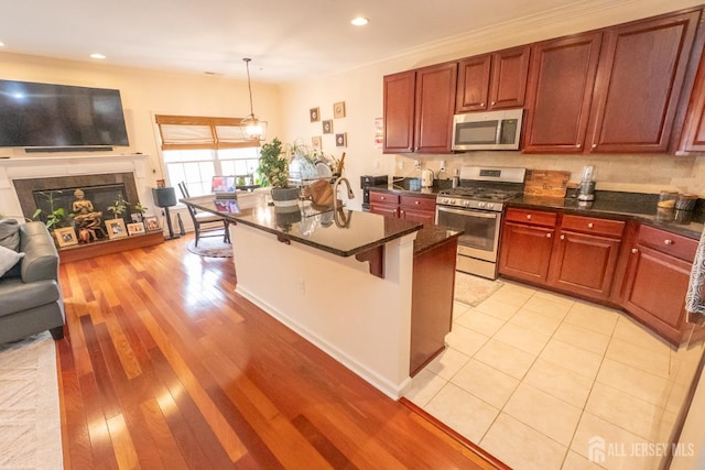 kitchen with a premium fireplace, open floor plan, appliances with stainless steel finishes, light wood finished floors, and decorative light fixtures