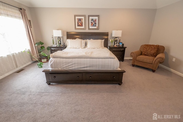 bedroom with carpet flooring, visible vents, and baseboards