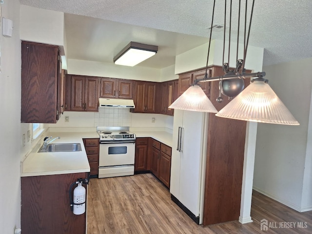 kitchen featuring white range, light wood-style floors, range hood, and a sink
