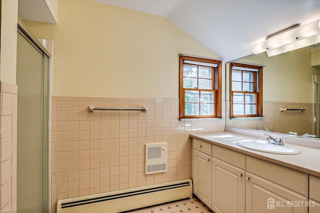 730 Old Post Rd, Edison, NJ 08817 - full bath featuring baseboard heating, tile walls, vaulted ceiling, vanity, and an enclosed shower
