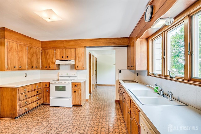 730 Old Post Rd, Edison, NJ 08817 - kitchen featuring under cabinet range hood, white range with electric cooktop, plenty of natural light, and brown cabinets