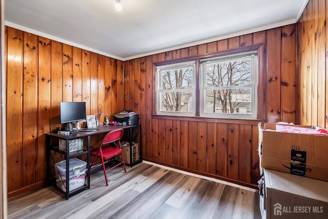 office with baseboards, wooden walls, and wood finished floors