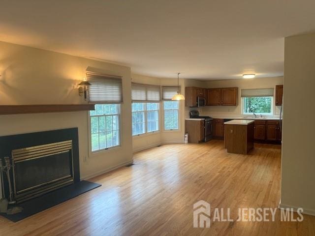 1 Cranberry Ct, South Brunswick, NJ 08540 - kitchen with stainless steel appliances, a kitchen island, light wood-type flooring, light countertops, and a glass covered fireplace