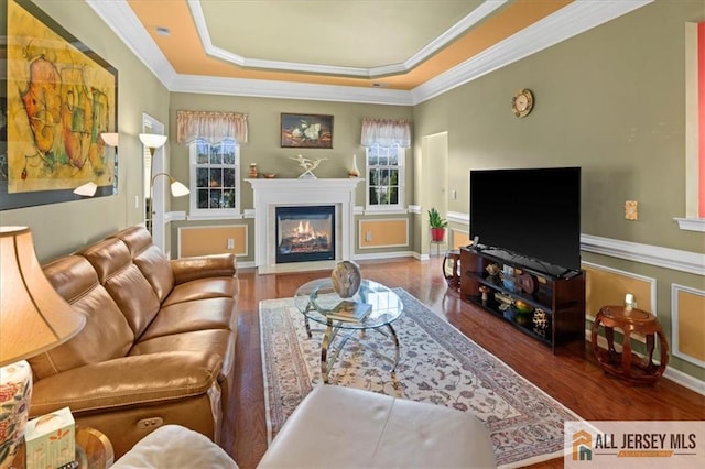 living area featuring a fireplace with flush hearth, wood finished floors, baseboards, ornamental molding, and a raised ceiling