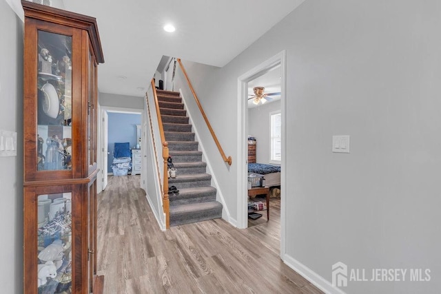33 Altamont Rd, Edison, NJ 08817 - staircase featuring baseboards, wood finished floors, a ceiling fan, and recessed lighting