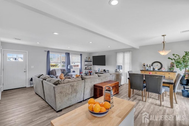 33 Altamont Rd, Edison, NJ 08817 - living room featuring light wood-style floors, recessed lighting, and beamed ceiling