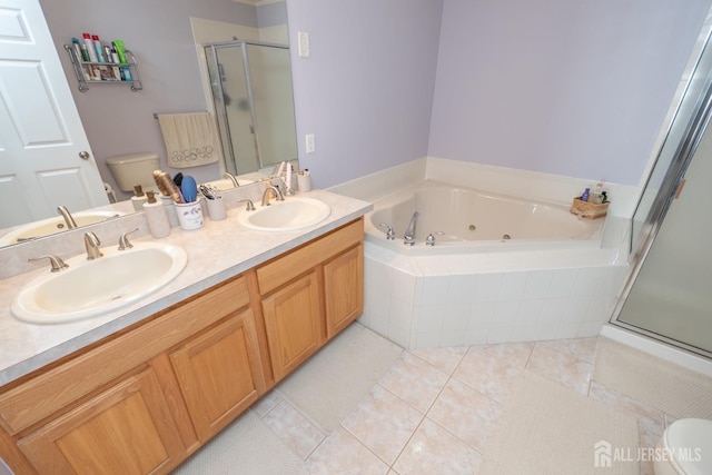 full bathroom with shower with separate bathtub, tile patterned floors, toilet, and vanity