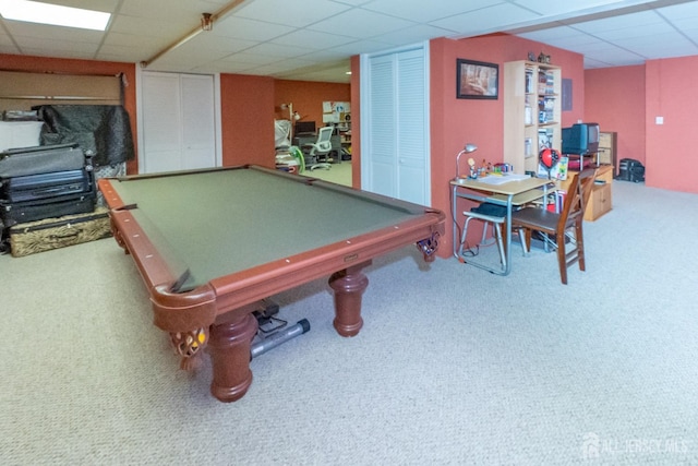 game room featuring a paneled ceiling, carpet flooring, and pool table