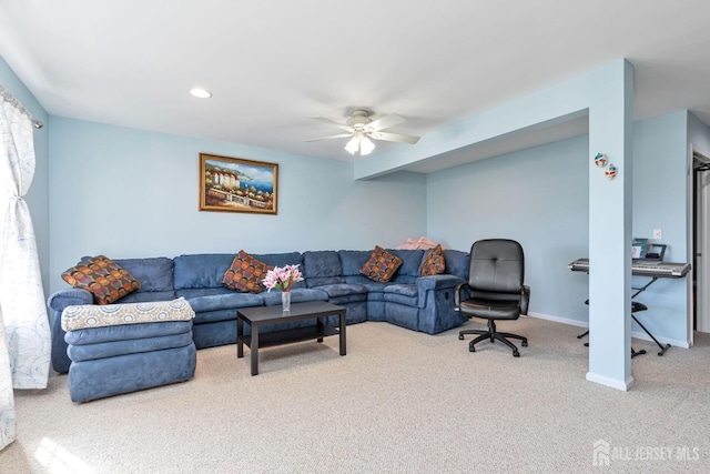 living area with recessed lighting, baseboards, carpet floors, and a ceiling fan