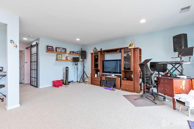 carpeted office with recessed lighting, visible vents, and baseboards