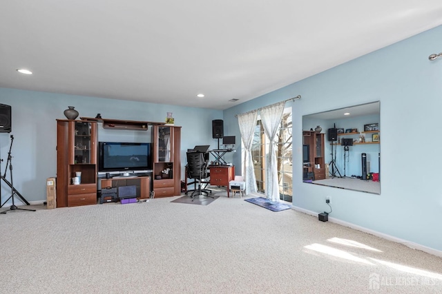 office area featuring carpet flooring, recessed lighting, and baseboards