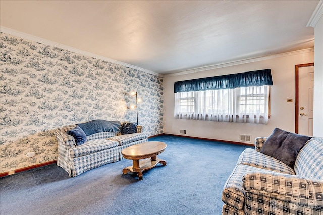 living room featuring visible vents, carpet flooring, and crown molding