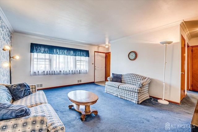 carpeted living area featuring baseboards, visible vents, and ornamental molding