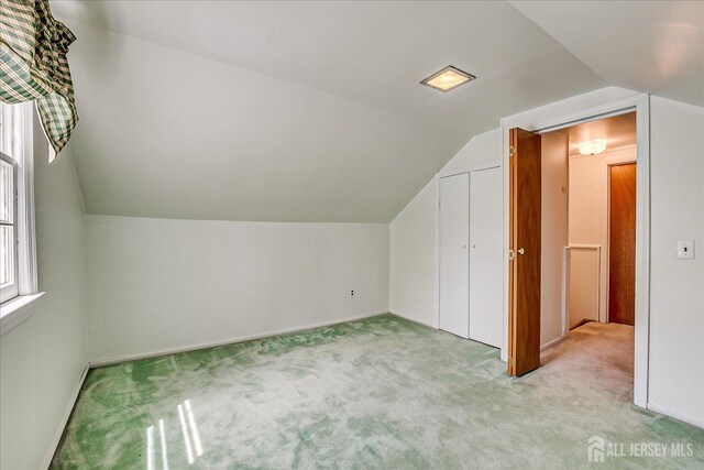 additional living space featuring carpet floors, baseboards, and vaulted ceiling
