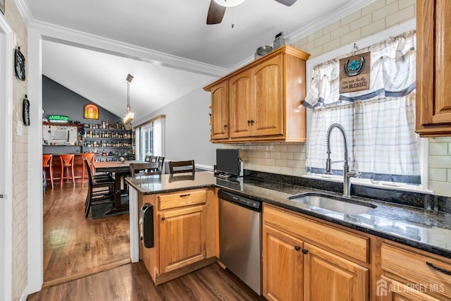14 E Shirley Ave, Colonia, NJ 07067 - kitchen with dishwasher, ceiling fan, dark wood finished floors, dark stone countertops, and lofted ceiling