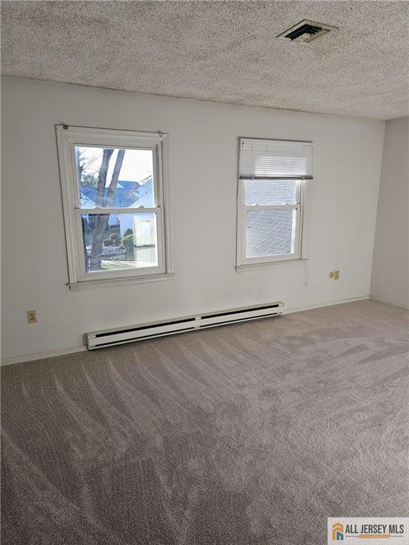 spare room featuring a wealth of natural light, a textured ceiling, a baseboard heating unit, and carpet