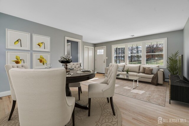 dining room with light wood-style flooring and baseboards