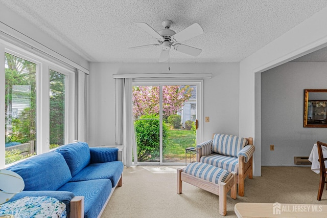 714 Victoria Ct Unit B, Monroe, NJ 08831 - carpeted living area featuring plenty of natural light, ceiling fan, a textured ceiling, and a baseboard heating unit