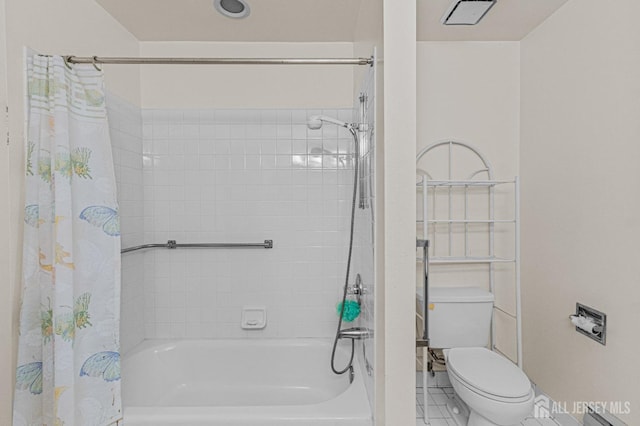 714 Victoria Ct Unit B, Monroe, NJ 08831 - full bath with shower / bathtub combination with curtain, toilet, baseboard heating, and tile patterned flooring