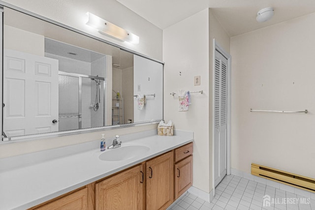 714 Victoria Ct Unit B, Monroe, NJ 08831 - full bathroom with vanity, a baseboard radiator, a closet, a shower stall, and tile patterned floors