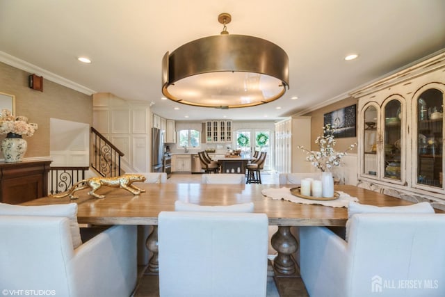 35 Winthrop Dr, Manalapan, NJ 07726 - dining room with recessed lighting, stairs, and crown molding