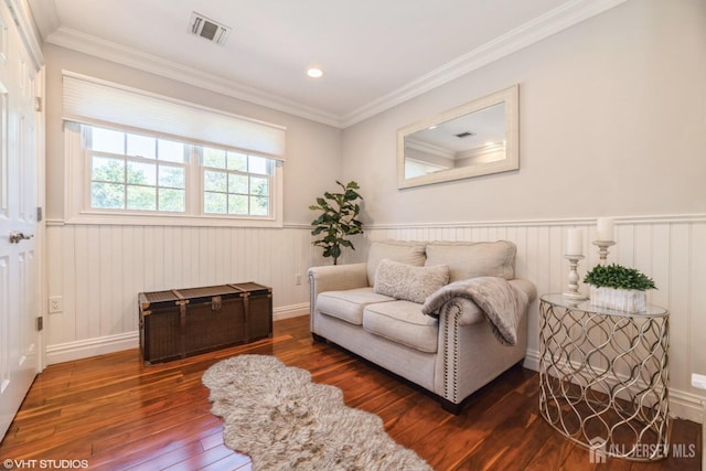 35 Winthrop Dr, Manalapan, NJ 07726 - sitting room featuring dark wood-style flooring, a wainscoted wall, crown molding, and recessed lighting
