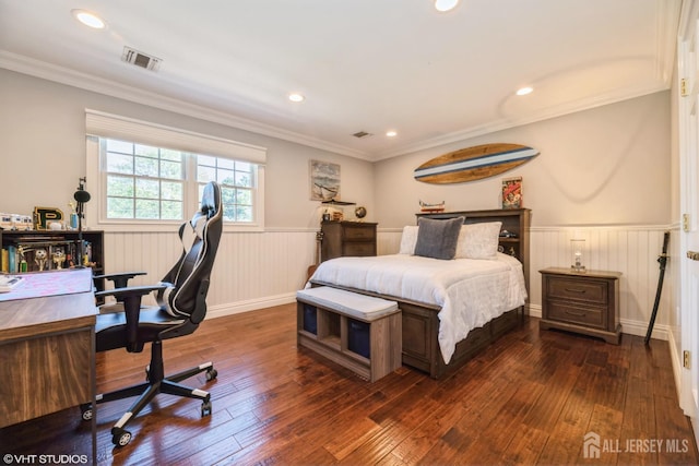 35 Winthrop Dr, Manalapan, NJ 07726 - bedroom with a wainscoted wall, a desk, hardwood / wood-style flooring, crown molding, and recessed lighting