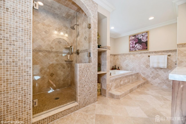 35 Winthrop Dr, Manalapan, NJ 07726 - full bathroom featuring ornamental molding, a garden tub, tile walls, a stall shower, and tile patterned flooring