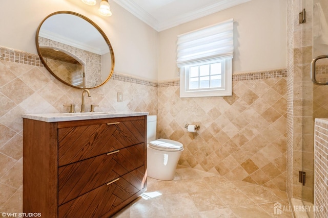35 Winthrop Dr, Manalapan, NJ 07726 - full bathroom featuring tile walls, vanity, a stall shower, toilet, and ornamental molding