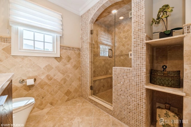 35 Winthrop Dr, Manalapan, NJ 07726 - full bathroom with tile walls, crown molding, toilet, a shower stall, and vanity