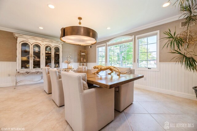 35 Winthrop Dr, Manalapan, NJ 07726 - dining space with wainscoting, ornamental molding, light tile patterned floors, and recessed lighting