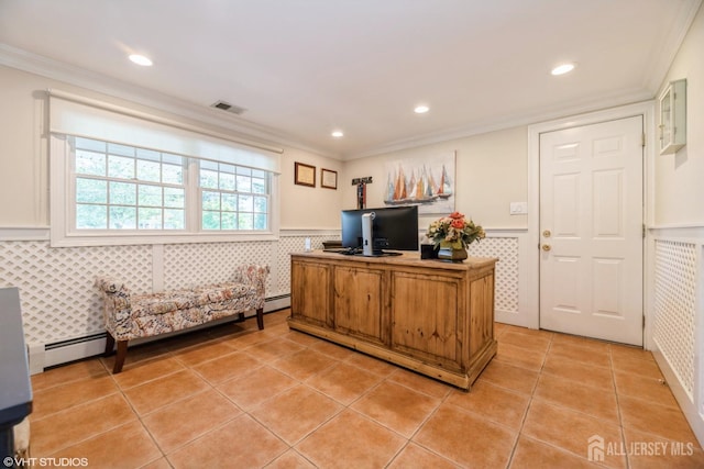 35 Winthrop Dr, Manalapan, NJ 07726 - office space featuring wainscoting, crown molding, light tile patterned flooring, recessed lighting, and a baseboard radiator