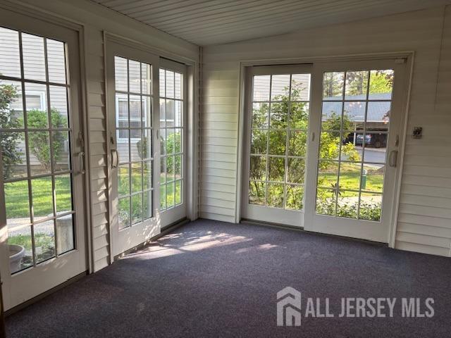 doorway to outside with wood walls, a healthy amount of sunlight, and carpet