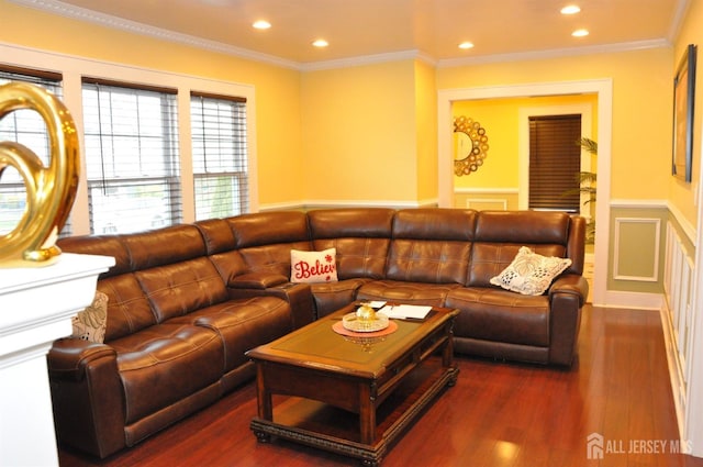 195-195 Wachung Ter, Scotch Plains, NJ 07076 - living room with wainscoting, dark wood-style floors, recessed lighting, and ornamental molding
