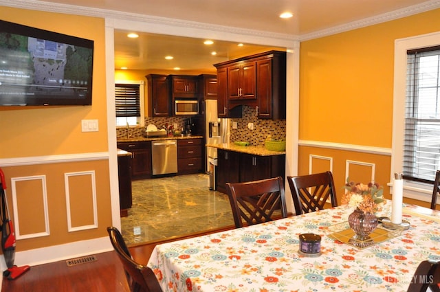 195-195 Wachung Ter, Scotch Plains, NJ 07076 - dining room with crown molding, dark wood finished floors, and recessed lighting