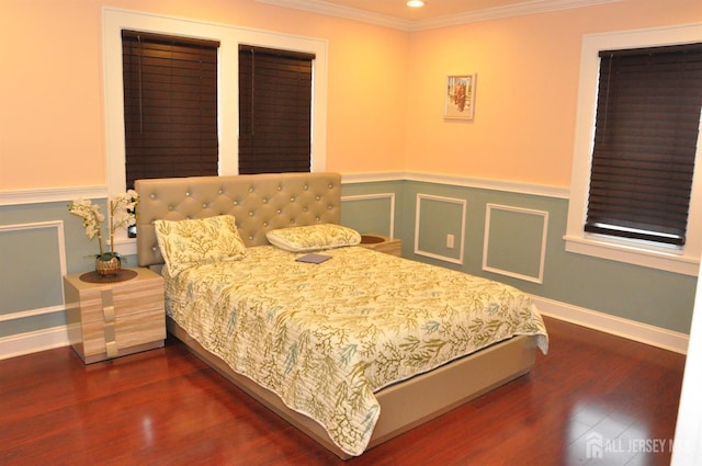 195-195 Wachung Ter, Scotch Plains, NJ 07076 - bedroom featuring crown molding, dark wood finished floors, wainscoting, recessed lighting, and baseboards