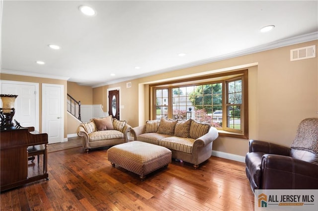 49 Lavender Dr, Edison, NJ 08820 - living area featuring ornamental molding, stairs, hardwood / wood-style flooring, and recessed lighting