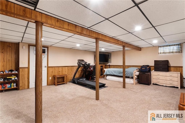 49 Lavender Dr, Edison, NJ 08820 - finished basement featuring carpet, a paneled ceiling, a wainscoted wall, and wood walls