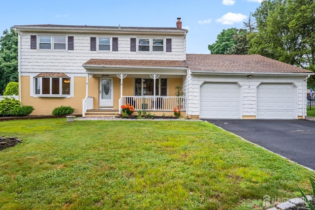 16 London Dr, East Brunswick, NJ 08816 - view of front facade featuring a garage, driveway, a porch, a chimney, and a front lawn