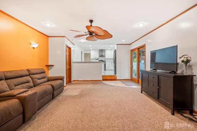 16 London Dr, East Brunswick, NJ 08816 - living area featuring ornamental molding, light colored carpet, ceiling fan, and recessed lighting