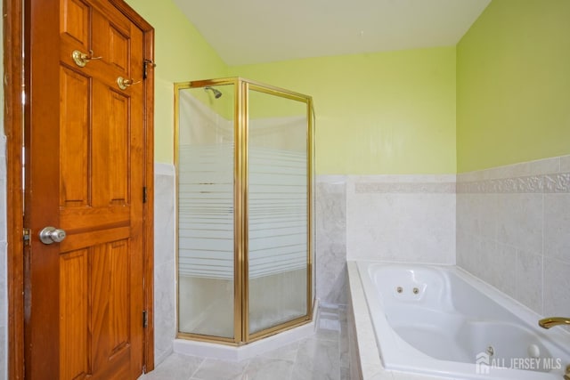16 London Dr, East Brunswick, NJ 08816 - full bathroom featuring a shower stall, a jetted tub, and wainscoting