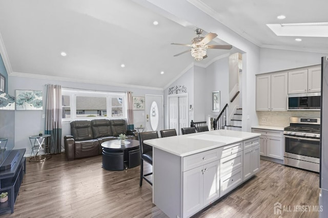 26 Venus Rd, Old Bridge, NJ 08879 - kitchen with appliances with stainless steel finishes, open floor plan, a skylight, a ceiling fan, and recessed lighting