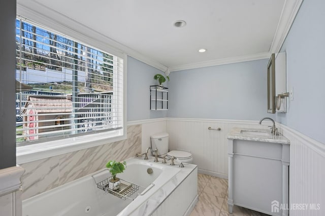 26 Venus Rd, Old Bridge, NJ 08879 - bathroom featuring vanity, ornamental molding, a whirlpool tub, a wainscoted wall, and toilet