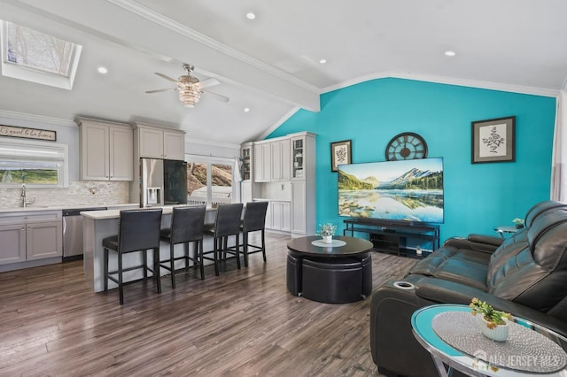 26 Venus Rd, Old Bridge, NJ 08879 - living room featuring ceiling fan, a skylight, dark wood finished floors, healthy amount of natural light, and recessed lighting