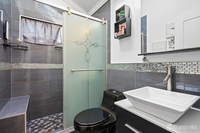 26 Venus Rd, Old Bridge, NJ 08879 - bathroom featuring a stall shower, ornamental molding, tile walls, vanity, and toilet